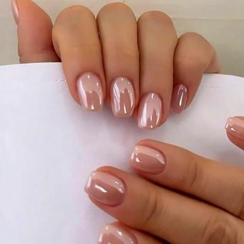 SXVME Chrome Press On Nails Short Square, Nude Pink False Nails Short Coffin with Glazed Finish, Glitter Acrylic Fake Nails Press on Cute, Small Gel Stick on Nail for Women Daily Wedding Wear