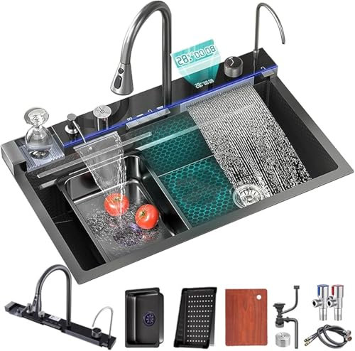 VOLTGY – Évier de cuisine en cascade multifonction avec robinet amovible, distributeur de savon, lave-vaisselle, etc.