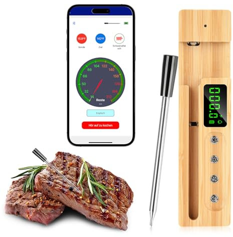 KKMOL Smarte Kabellose Fleischthermometer mit LCD-Display, Wasserdicht Kabellose Grillthermometer Bluetooth 5.2, Digital Bratenthermometer Kabellos mit App für Grillen, BBQ und Ofen