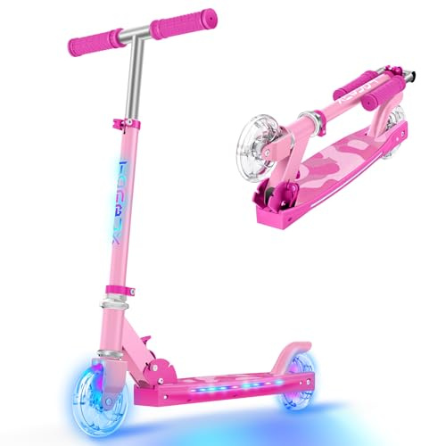 TONBUX Patinete Niños de 5 a 12 Años, Patinete Niños con Poste de Iluminación Fresco, Ruedas y Plataforma, Patinete de Altura Ajustable de Nivel 4, Patinete Ligero Plegable