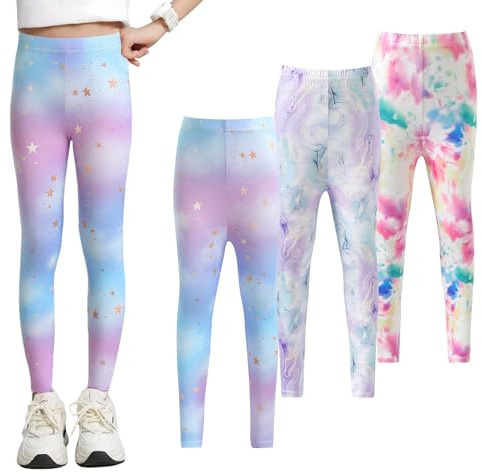 NEAWEALY Flickleggings, barn, sportleggings, långa joggingbyxor, elastiska sportbyxor, ogenomskinliga byxor, fritid, sovbyxor, 3-pack, Pastellfärgade molnmönster, 9-10 år