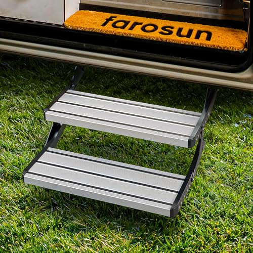 farosun Dubbelsteg – fällsteg 2 steg för husvagn, 55 x 21 x 29 cm, stabil aluminiumtrappa för husbil, halkfri, väderbeständig, upp till 200 kg, starthjälp camping