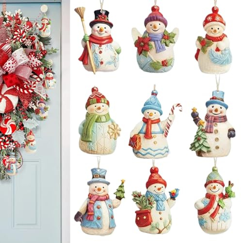 Décorations de Noël | Décorations de Noël en Forme de Bonhomme de Neige | 9 Pièces Figurines en Bois Pendentifs Collectionnables pour Cuisine Jardin Fenêtre Terrasse Maison