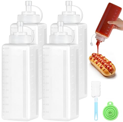 Sinofort 4 Stück 1000ML QuetschFlasche, Breiter Mund Saucenflasche mit 1 Schwamm Flaschenbürste und 1 Trichter, Transparent Squeeze Flasche, Kein Leck Soßenflaschen, für Saucen,Backen,Ketchup,Salat