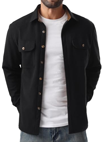 QIXING Men's Fleece Lined Corduroy Shirt Button Down Long Sleeve Jacket Trucker Overshirt Autumn Winter Coats with Flap Pockets (Black, XXL)