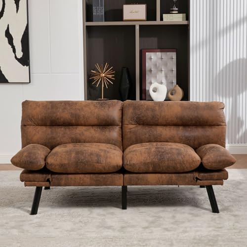 KOMHTOM Petit Canapé Convertible 2 Places en Chenille avec Coussins Confortables, Accoudoirs et Dossier Réglables - Canapé-Lit d'angle Multifonctionnel Moderne (Marron café)