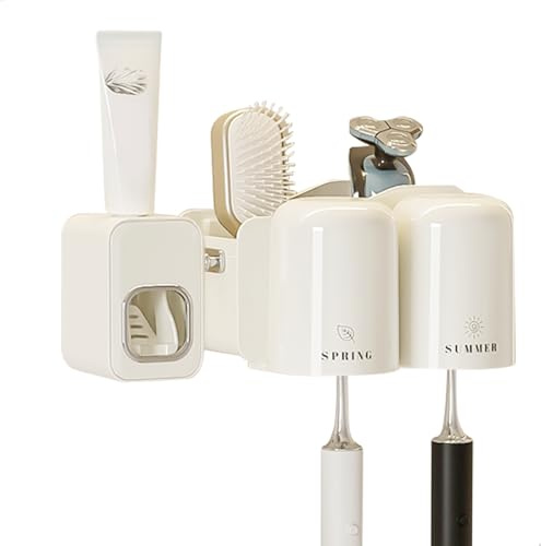 Porta Cepillos de Dientes Baño, Portacepillos de Dientes Soporte Cepillo de Dientes Eléctrico Adhesivo Organizador Baño, Set Color Crema con 2 Vasos Dispensador Pasta de Dientes y 4 Ranuras