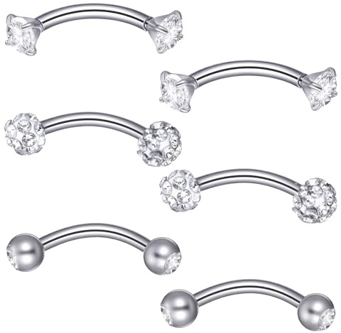 HaiFafafaing 6 Pcs Stainless Steel Curved Barbell Piercing Jewelry, 16 Gauge 10mm Eyebrow Rings, Nose Bridge, Surface Tragus Earrings