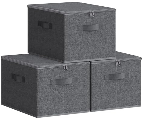 SONGMICS Foldable Storage Organizer Boxes, Set of 3 Storage Basket Bins with Lids, Handles, Clothes Organizer, 15.7 x 11.8 x 9.8 Inches, Non-Woven Fabric, Slate Gray URYZB03G