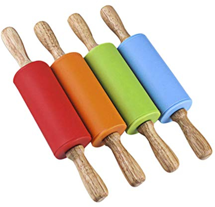 Mini Rolling Pin, Kids Rolling Pins Wooden Handle Non-Stick Silicone Rolling Pins Pastry Brushes Dough Roller for Baking Pizza Cookie Pastry, 4 Pack (Red, Green, Orange, Blue)
