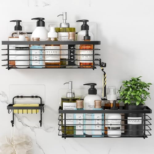 Oriware Duschablage ohne Bohren Seifenschale mit Haken Badregal Duschablage Ablage Badezimmer Caddy Seifenhalter Wandablage Selbstklebend SUS304 Edelstahl - 3 Stück Schwarz