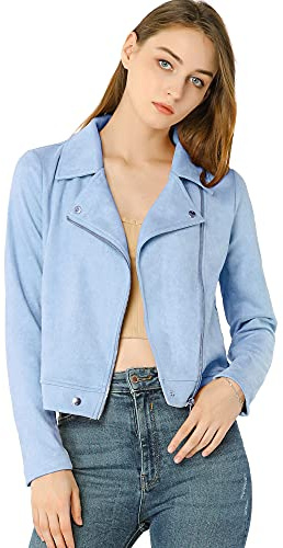 Allegra K Chaqueta de motociclista corta de gamuza sintética suave con cremallera para mujer, Azul/claro, Large