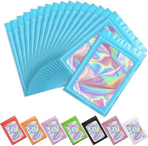 Artcut 100 PCS Smell Proof Mylar Bags Holographic Packaging Bags, Resealable Odor Proof Bag(Blue, 3.1 * 5.1inch)