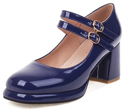 Lizoleor Mary Jane Donna Tacco Largo Plateau Punta Rotonda Decollete con Cinturino alla Caviglia Matrimonio Festa Eleganti Moda Pianta Larga Vernice Scarpe Blu Numero 37 EU/38CN