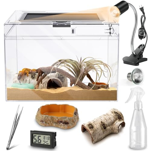 HELIME Reptile Polycarbonate Terrarium Kit 7 Piece Starter Habitat for Tarantula,Lizards,Frogs,Geckos,or Hermit Crabs,Tank with Escape-Proof Locking Lid,Light,Hygrometer,Hide,Tweezer,Bowl,Sprayer L