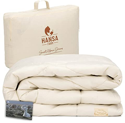 HANSA-FARM | Baby Alpaka Bio-Bettdecke 135 x 200 cm (Füllung 1.400g) - Herbst Winter warm - atmungsaktiv und temperaturausgleichend - Große Aufbewahrungstasche
