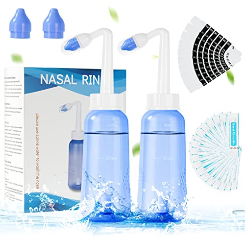 URAQT Nasendusche mit Salz, 2 Stück 300ml Neti Pot Sinus Spülung, mit 20x Salz+10 x Thermometer-Aufkleber, Nasenspülkanne zur Nasenreinigung und Nasenspülung, Nasenspülsalz für Erwachsene und Kinder