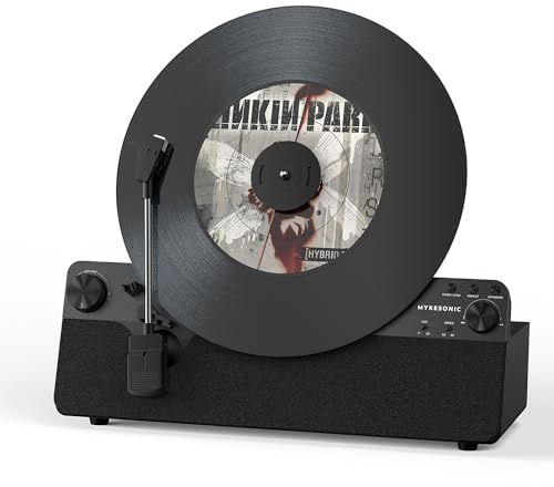 Vertikal automatisk skivspelare Bluetooth, MYKESONIC remdrift vinylskivspelare, magnetisk AT-3600L-patron, Bluetooth in och ut, Hi-Fi-stereohögtalare, aux-in-hörlurar, RCA-utgång, anti-resonans