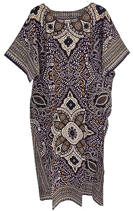 Ladies 100% Cotton Long Kaftan Dress Summer Dashiki African Print One Size Loose Baggy Style Beach Cover (Purple)