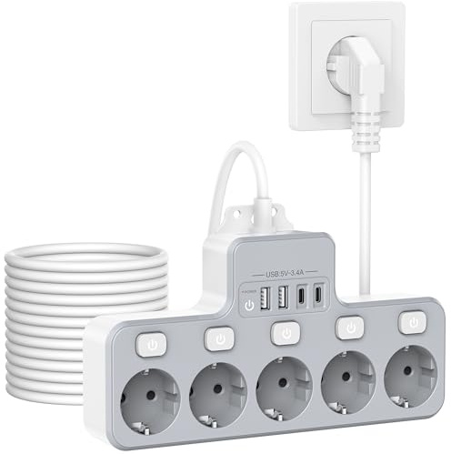 Steckdosenleiste mit 5 unabhängigen Schaltern, Steckdosenleiste mit 5 AC-Ausgängen, 4000 W, Mehrfachsteckdosen für die Wand mit 2 USB-A und 2 Typ-C 2 m Kabel, Grau