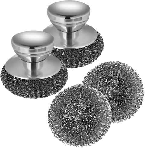 2Pcs Stainless Steel Scrubber with 2 Replacement Wire Pads, Steel Scrubber for Dishes with Stainless Steel Handle, Steel Wool Scrubber for Cleaning Dishes, Stock Pots, Pans, Griddles, and Grills