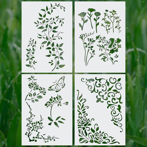 4uds Plantilla de Hojas de Vid, 21x29,5cm, Textura Floral Decorativa para Pintar Sobre Madera, Lienzo de Dibujo y Arte de Pared