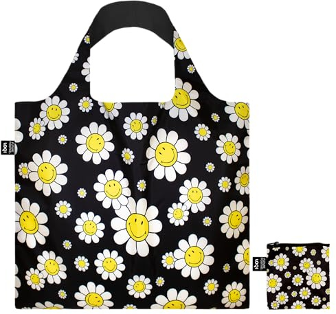 LOQI Smiley Recycelte Tasche, Blumenmuster, Schwarz, Schwarz