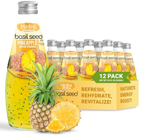 Pardesi Basil Seed Drink Pineapple Flavor 290ml 9.8 Fl Oz | Pack of 12 (117.6 FL Oz ) | Naturally Refreshing & Cooling | Rich in Antioxidants, Fiber & Omega-3 | Real Basil Seeds for Digestive Health & Hydration.