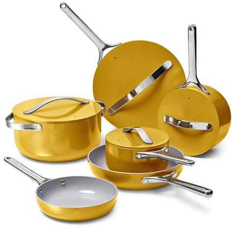 Caraway Deluxe Nonstick Ceramic Cookware Set (16 Piece) Pots, Frying Pans, Lids and Kitchen Storage - PFAS & PFOA Free - Oven Safe Ceramic Pan Set & Compatible with All Stovetops - Marigold