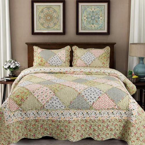 DECMAY Colcha Patchwork Verde 220x240 cm para Cama de 150 - Colcha con Diseño de Flores, Manta Multiusos para Sofá, Incluye 2 Fundas de Almohada 50x75 cm