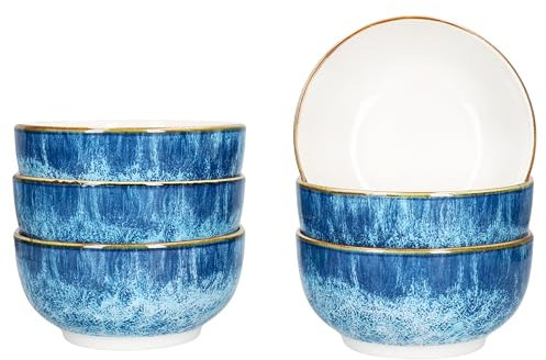 MamboCat Marina Lot de 6 bols à céréales, 14 cm, 400 ml, en porcelaine bleue, au design maritime, pour 6 personnes, décor océan, embruns I Bols pour salade, soupe, céréales, chips, etc.