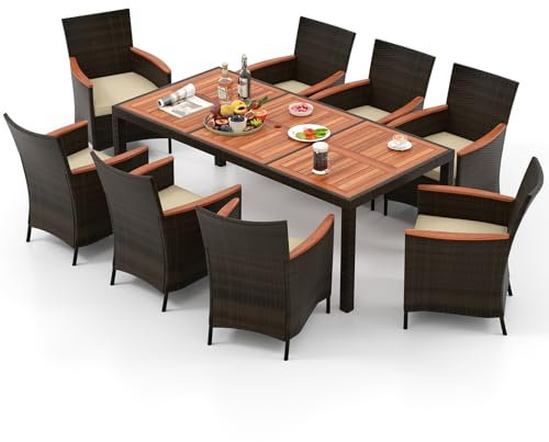 SOARS Gartenmöbel Set 8 Personen Rattan, Gartengarnitur mit Akazienholz Gartentisch, Schimloch & Stapelbare Stühle inkl. Kissen, Garten Sitzgruppe Essgruppe für Innen & Außen