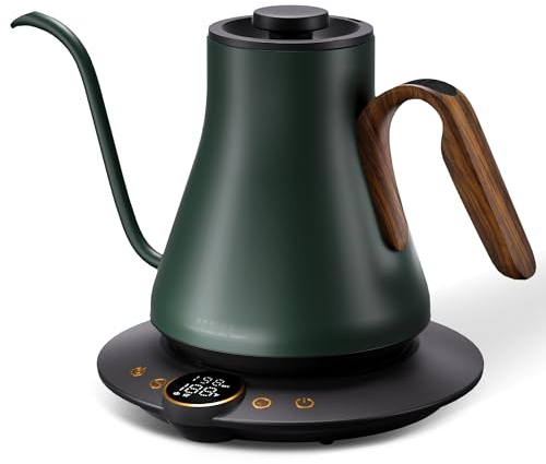 Cocinare Hervidor eléctrico de cuello de cisne, control de temperatura de ±1 °F, calentamiento rápido de 1500 W, hervidor de café y té con temporizador de preparación y mantiene el calor, acero