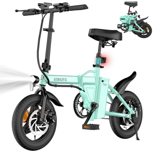 Eskute F100 Electric Folding Bike, 14 Electric Commuter Bicycle 36V 9Ah Battery, Range 35 Miles, Mini Folding Ebike with Phone Holder & USB Charging Port, LCD Display, Foldable Ebike for Teens/Adults