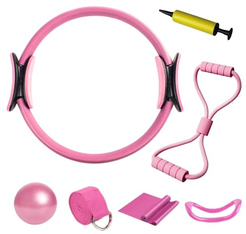 Gykutix 7 Pezzi Kit Pilates Completo X Casa Pilates Essential Kit, Attrezzi Pilates per Casa con Fascia Elastica, Palla per Allenamento a Casa e in Studio (Rosa)