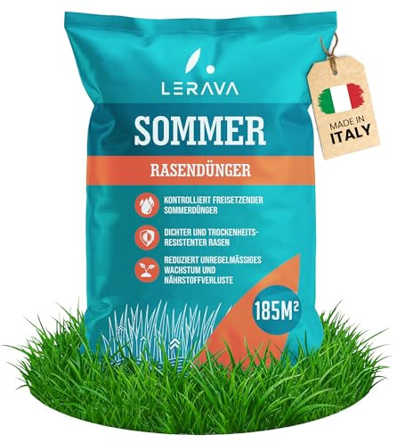 LERAVA® Concime prato estate (185m²) - Nutrimento bilanciato per prati verdi e fitti - Fertilizzante a lunga durata ricco di azoto - Crescita vigorosa e resistenza alla siccità - cura giardino estivo