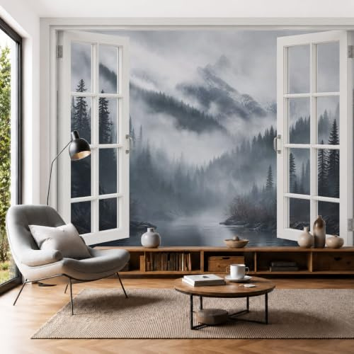 Mural de Pared Panorámico Montañas Nevadas, Bosques De Pinos, 400x280cm Papel Pintado de Fotografía Paisaje Natural Papel Tapiz Fotomural 3D Decoración para Salón Dormitorio Tv Pared, Gris Oscuro