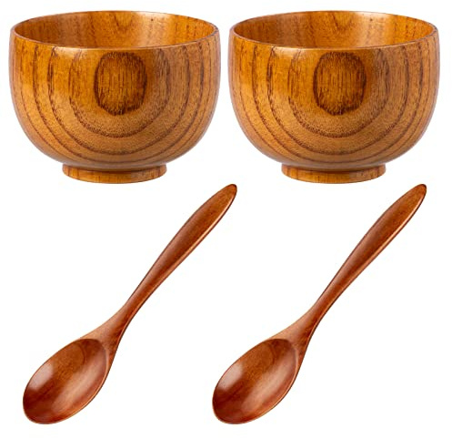 NUOMI 2 Sets Wooden Bowls for Food, Small Wood Bowls with Wood Spoons for Dessert Snacks Soup Tableware Set