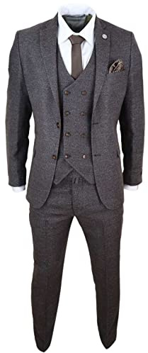 Mens Wool 3 Piece Suit Double Breasted Waistcoat Tweed 1920s Brown
