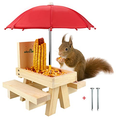 MIXXIDEA Eichhörnchen-Futterstation mit Regenschirm,hölzerner Eichhörnchen-Picknick-Tisch Futterspender, langlebiger Eichhörnchen-Futterspender für Maiskolben, mit Solider Struktur(1 Stück)