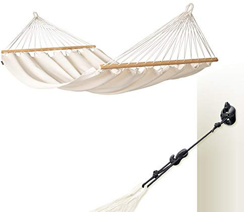 LA SIESTA - Florencia Latte - Doppel-Stabhängematte Bio-Baumwolle + CasaMount Black - Mehrzweck-Befestigung