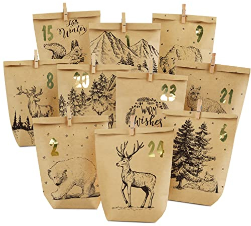 Adventskalender Tüten zum Befüllen, Weihnachtskalender Papiertüten zum Selber Basteln, DIY Advents Kraftpapiertüten Selbstbefüllen zum selbst füllen, 24 Bedruckte Geschenktüten für Kinder Erwachsene