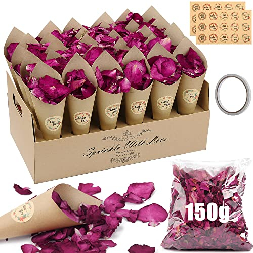 Mbsomnus Confettis Mariage Set - 150g Pétales de Rose Naturels Biodégradables, 30pcs Cône, 30pcs Stickers, Kraft Cône Hölder pour Decoration Anniversaire Chocolat