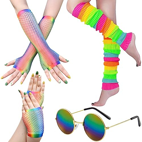 BDSHUNBF 80er Jahre Outfit Damen, 80er Jahre Kostüm Outfits Zubehör, Netzhandschuhe, Vintage Brille, Beinwärmer, 80er Jahre Kostüm Mottoparty Accessoires Kleidung Neon Party Karneval