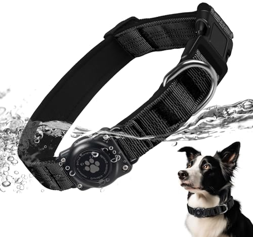 AirTag Hundehalsband, IP68 wasserdichte Integriertes Apple Air Tag Halter Hundehalsband mit AirTag Halter, Reflektierend, Besonders haltbar, Hundehalsbänder für mittlere große Hunde [Schwarz,L]