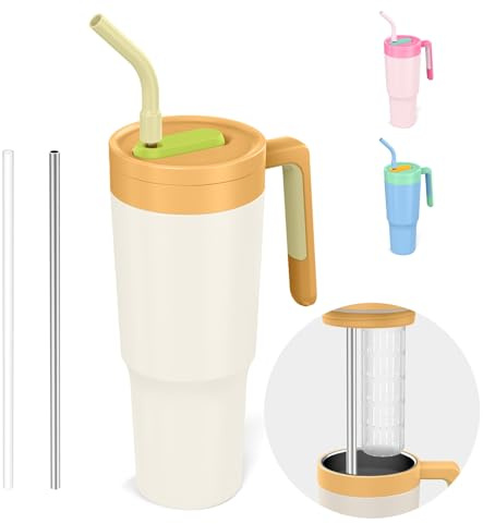 Exllena 40OZ Trinkbecher mit Deckel und Strohhalm - Premium Thermobecher mit Strohhalm - 100% auslaufsicher, mit Früchtebehälter, Lange Wärmeerhaltung - Reis-Weiß