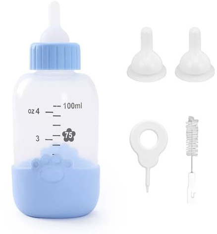 Ichigo Ichie Kit de Biberón de Silicona para Mascotas, Biberón de Leche de Grado Alimentaria para Perritos y Gatitos Recién Nacidos, Incluye 2 tetinas de Repuesto y 1 Cepillo de Limpieza, 100ml, Azul