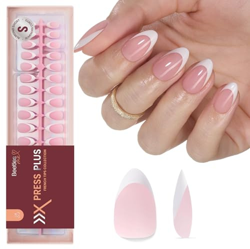 Beetles French Tips Press On Nails: 224 Pcs Pink French Tip Nails Short Almond Fake Nails, Soft Gel Nail Tips False Nails Art DIY For Women,16 Sizes