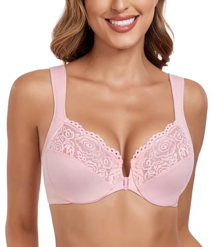 Lemorosy Wide Strap Front Closure Bra Lace Full Figure Underwire(Pink Wide Strap,38F)