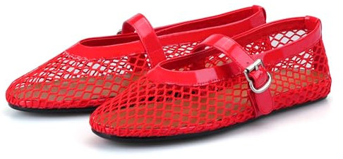 Adrizzlein Mesh Ballet Flats for Women Fishnet Ballerina Flats Buckle Strap Mesh Ballet Shoes Wide Width Casual Summer Dress Flat Shoes, Red, 6 UK